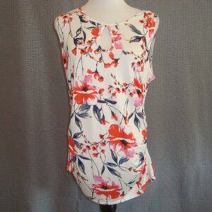 INC International Concepts Sleeveless Keyhole Ruched Sides White Floral Top sz L